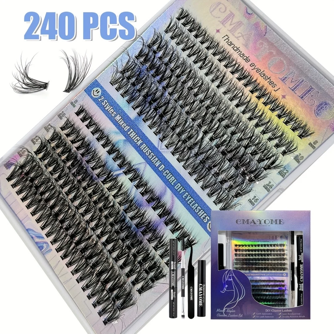 DlY Eyelash Extension Kit 240pcs Mix Individual Lashes Cluster D Curling, Lash Clusters With Lash Bond, Lash Remove And Seal And