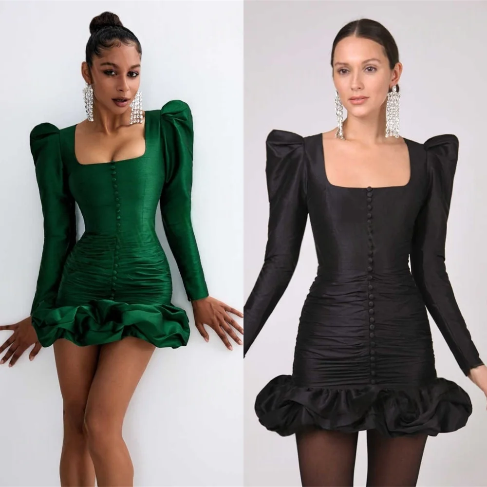 

Customized Formal Satin Celebrity Gowns Elegant Square Collar Long Sleeves Evening Dress Exquisite Special Occasion Gowns