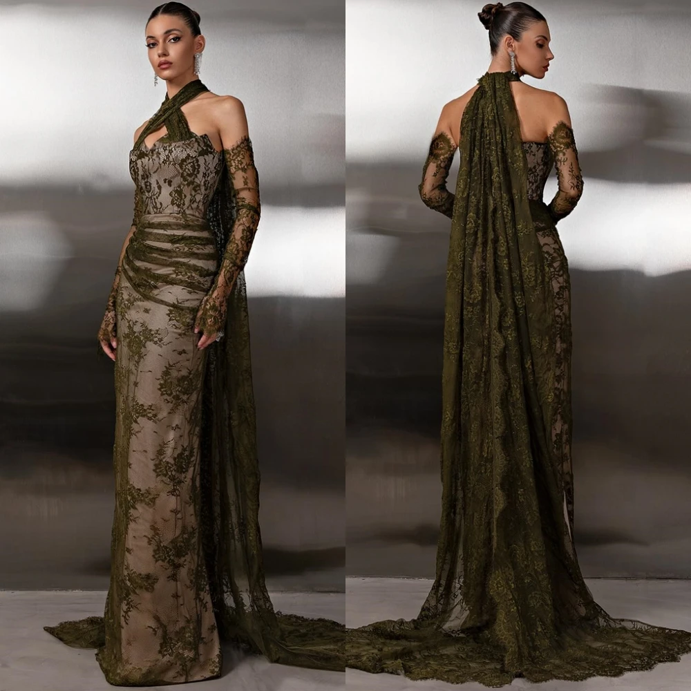

Customized Graceful Jersey Halter Evening Dress Exquisite Mermaid Prom Dresses Delicate Sweep Train Special Occasion Gowns