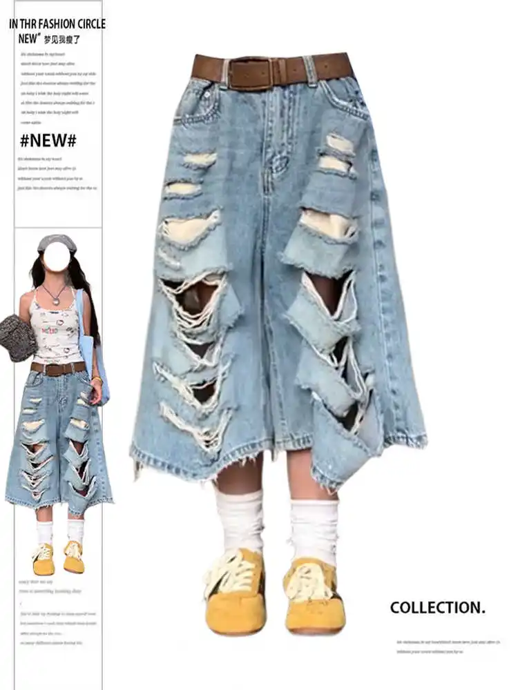 

Summer Women American Retro Hole Jorts Hip-pop Cowboy Jean Shorts Y2K 2000s Grunge Ripped Denim Calf-Length Pants High Street