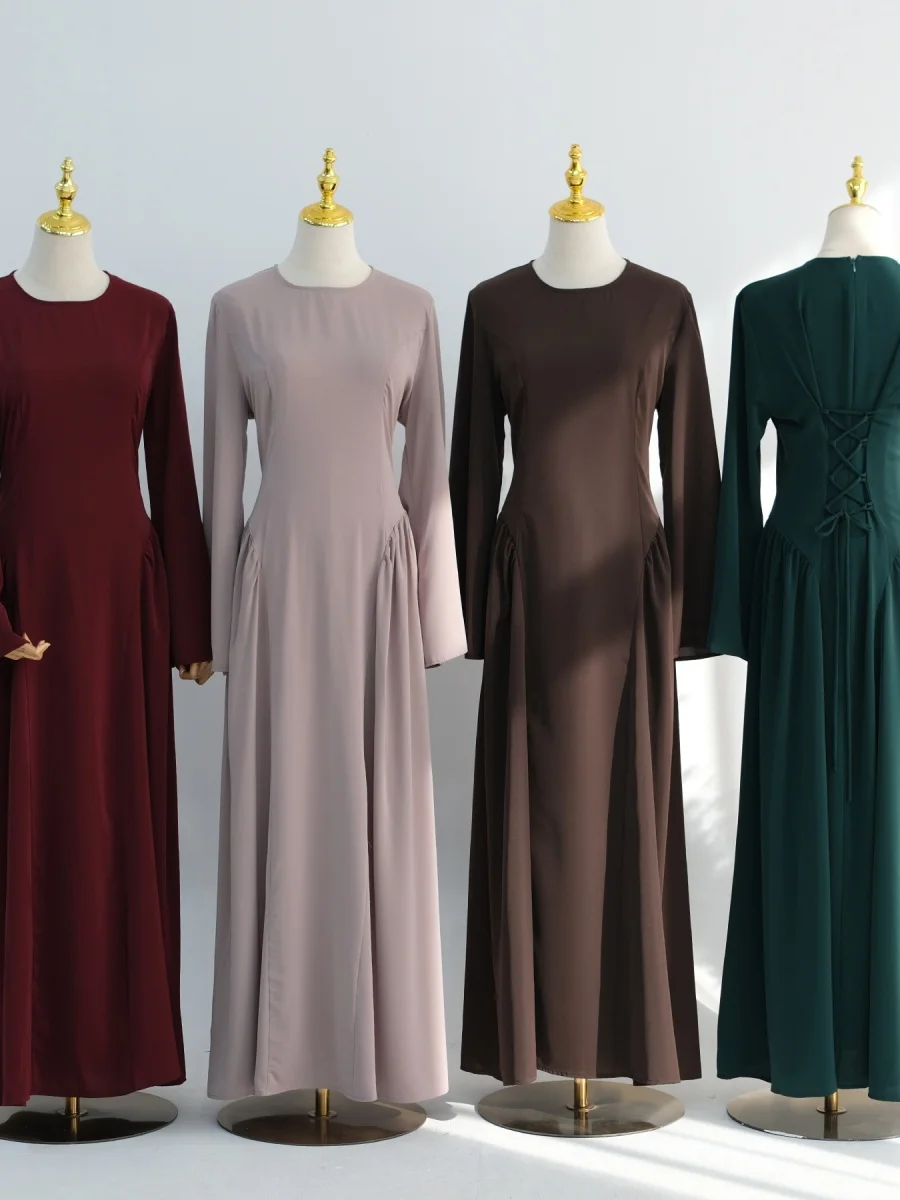 

Muslim Women Dubai traditional Abaya Dress Solid Back strap Fitted Waist Long Dresses Kaftan prayer Robe Femme Islamic Clothing