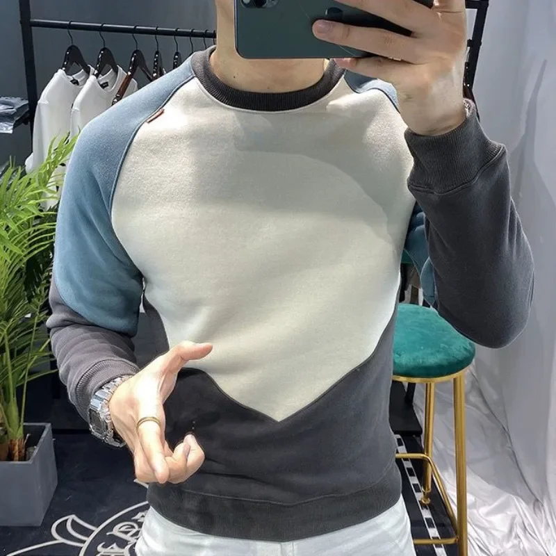 

Man Pullover Splicing Round Neck Sweatshirts for Men Crewneck Printing Tops Pastel Color Novelty And Harajuku Fashion No Brand S