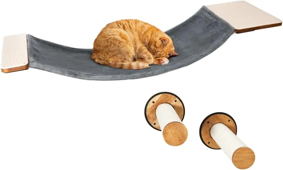 

Настенная полка для кошек с двумя ступеньками, деревянная полка для лазанья и окуня для кошек, настенный гамак для кошек с металлическим каркасом для уютного отдыха — MK2026B