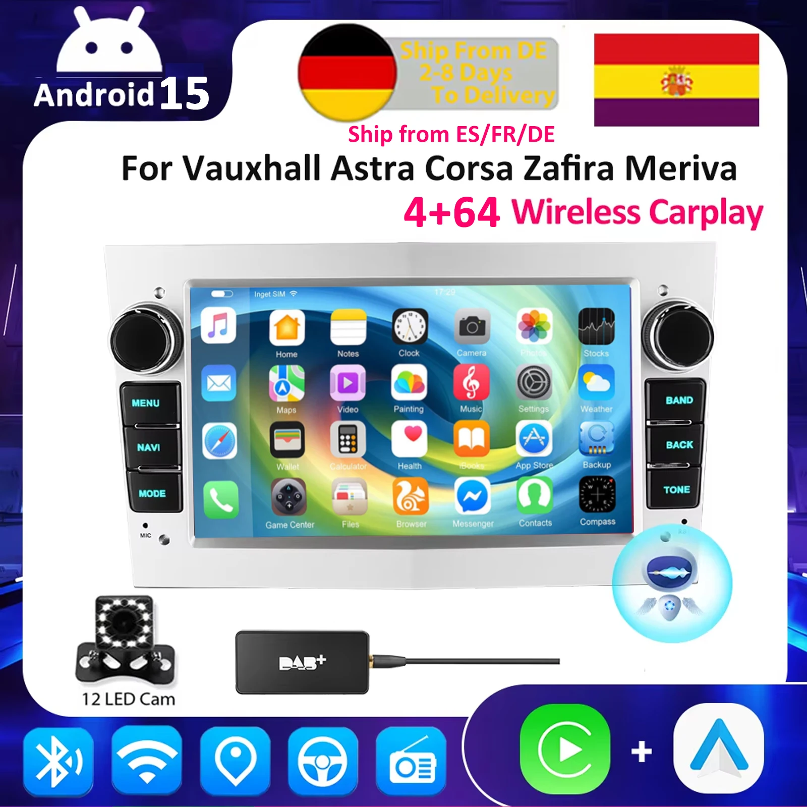 ESSGOO Android 15 Autoradio 4 + 64G Wireless CarPlay für Opel Astra Vectra Vauxhall Vivaro Meriva Antara Zafira Corsa C D