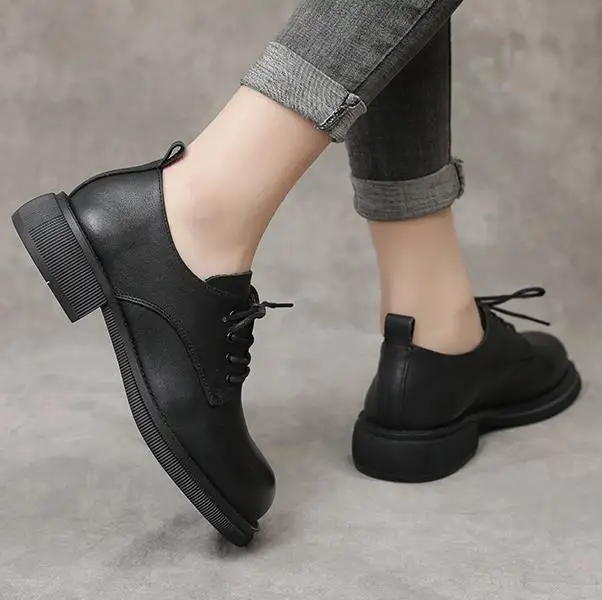 النمط البريطاني الدانتيل متابعة قسط أحذية من الجلد الطبيعي امرأة الشقق 2025 جديد أنيق مريح حذاء كاجوال مسطح أسود #3