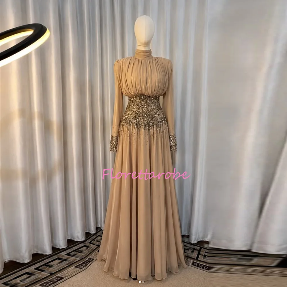 Damen-Abendkleid in A-Linie, bodenlang, hochgeschlossen, mit langen Ärmeln, Ballkleid, modisch, mit Kristallperlen verziert, drapiert, maßgeschneiderte Kleider