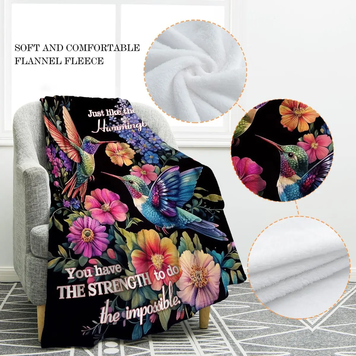 Hummingbird Floral Throw Blanket Retro Colorful Flowers Artistic Nature Theme Unique Home Decor Accessory