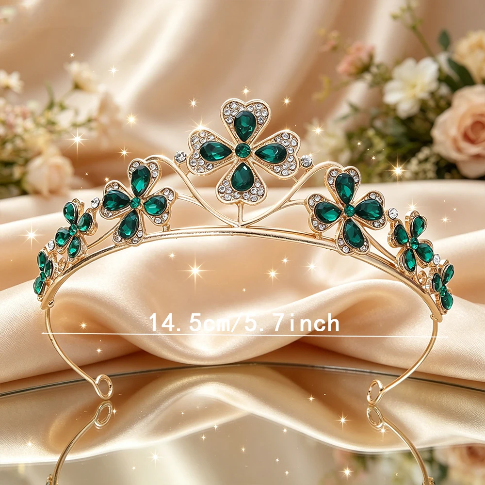 Four Leaf Clover Crystal Bridal Tiara Sparkling Lucky Floral Queen Crown Elegant Vintage Headpiece Wedding Birthday Events view 6