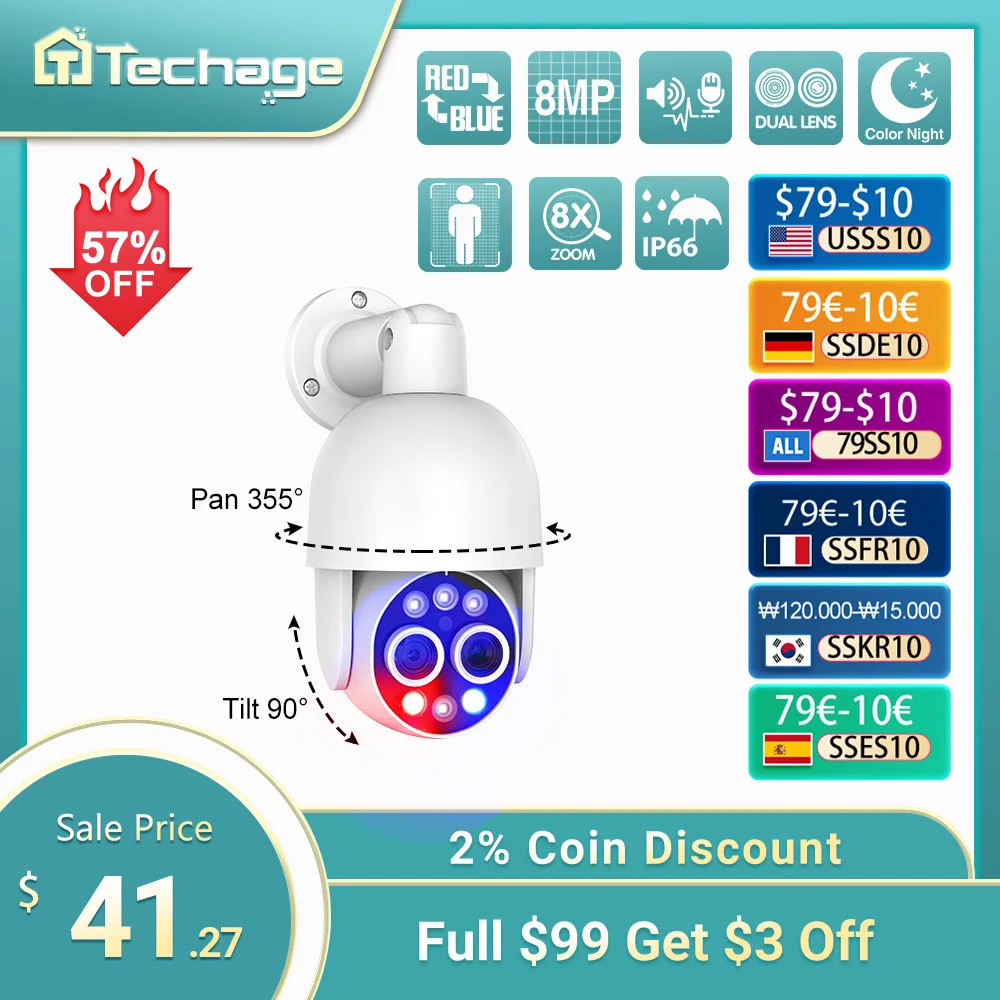 

Techage 8MP Cloud 8X Смешанный зум 2,8 мм 12 мм Сетевая камера с двумя объективами POE Камера наружной безопасности Аудиовизуаль