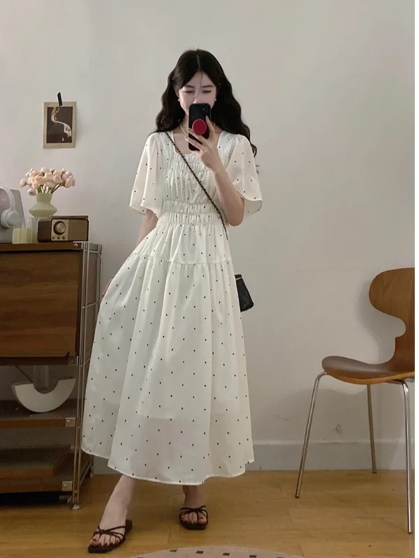 

plus Size Women's Summer Slimming ort Sve Dr Square Collar A-Line Skirt High Waist Concealing Belly Korean Sle Commute