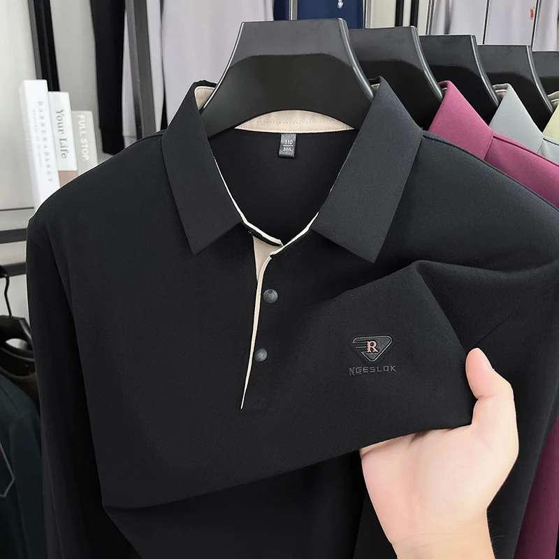 Light luxury Brand long sleeve men polo shirt high-quality silky smooth breathable comfort trend letter embossed casual T-shirt