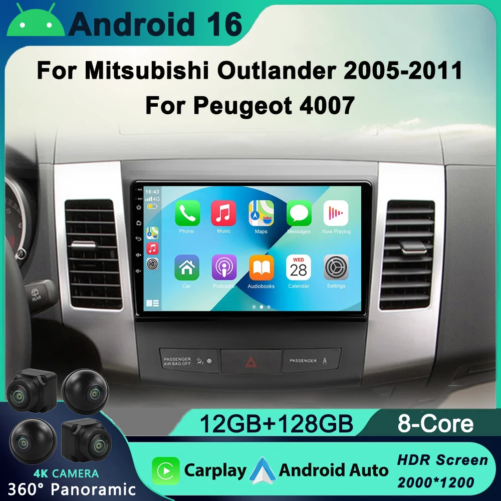 

2 Din Android 16 Car Radio Multimedia Player For Mitsubishi Outlander 2006-2011 Peugeot 4007 Citroen C-Crosser Carplay Gps