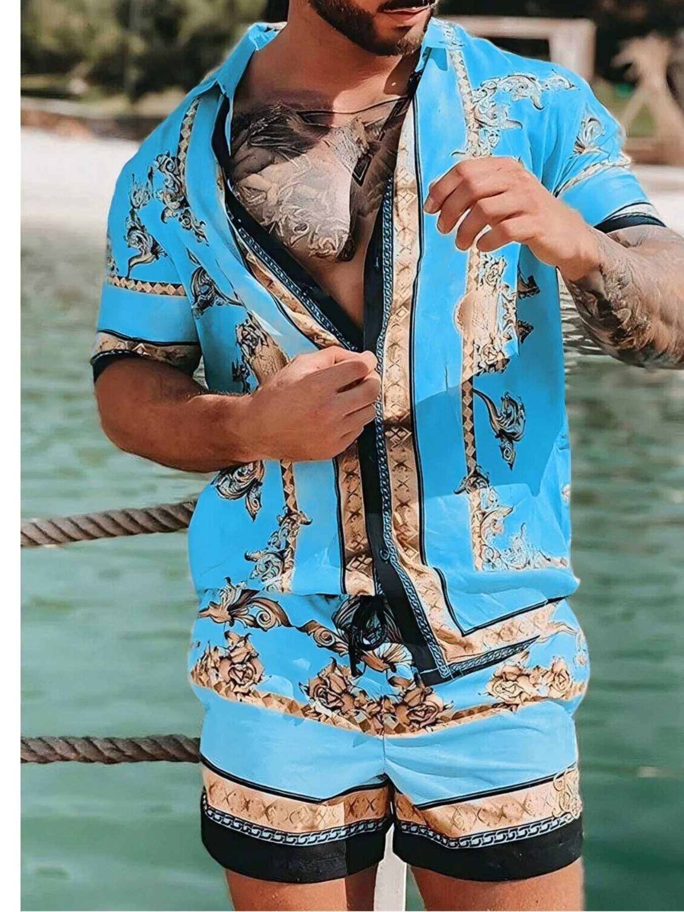 Men Fashion New Beach Set Short Sleeve Shirt Shorts 2PCS Casual Suit Summer Vacation Loose Breathable Seaside Daily Wear