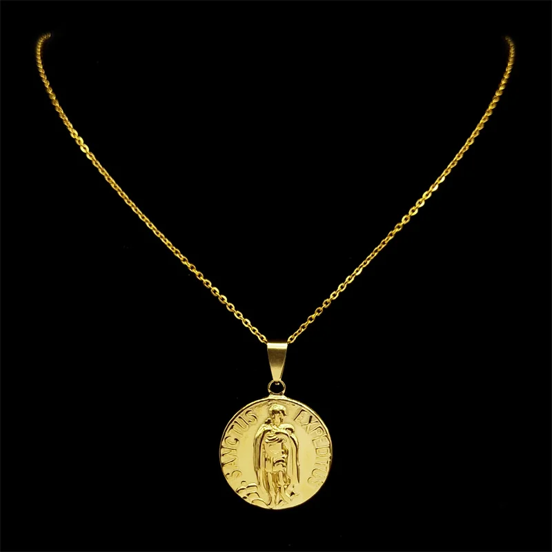 Sanctus Expeditus Medallion Pendant Necklace Earrings for Men Women Stainless Steel Gold Color Christian Amulet Jewelry Set