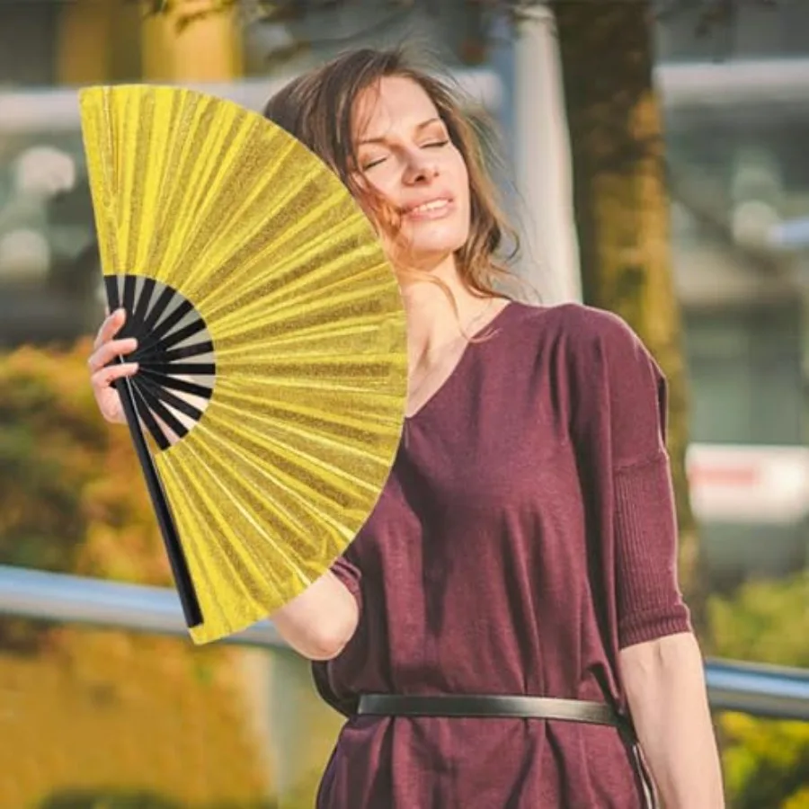 Folding Fan UV Glow Rave Bamboo Summer Hand Fan Golden Decoration Dancing Party Wedding Night Club Concert Festival Large,M