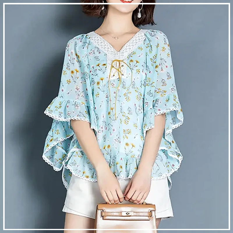 

2023 New Women's Clothing Floral Patchwork Printing Pullovers Thin Summer Fashion Short Sleeve Hollow Out Casual V-neck T-Shirts