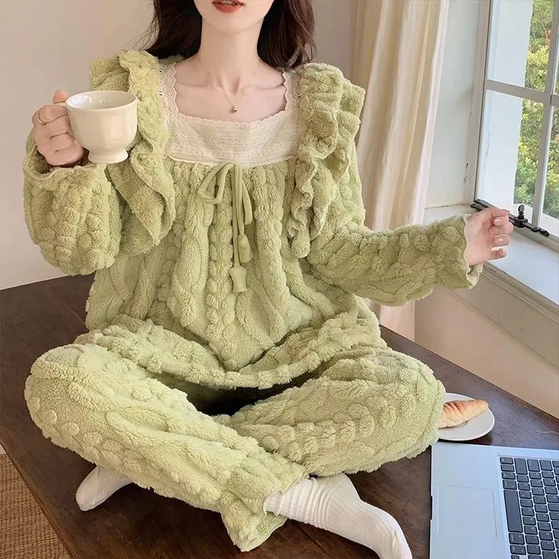 

Female Cute Sweet Pajamas Sleepwear Set Women's Keep Warm Lace Set Girl's Home Clothes Warm Home Suit Loungewear Autumn Winter