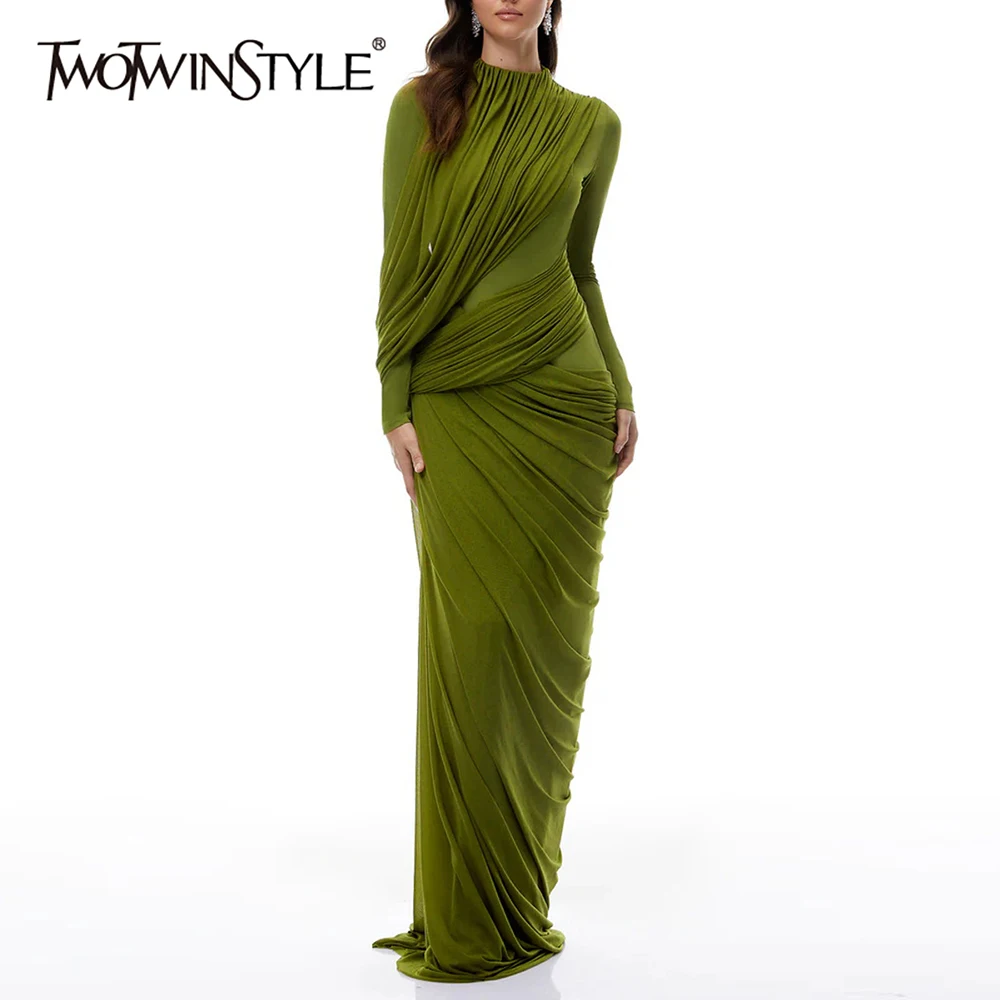 TWOTWINSTYLE Slimming Spliced Folds Irregular Dresses for Women Round Neck Long Sleeves High Waist Elegant Dress Female Clothing