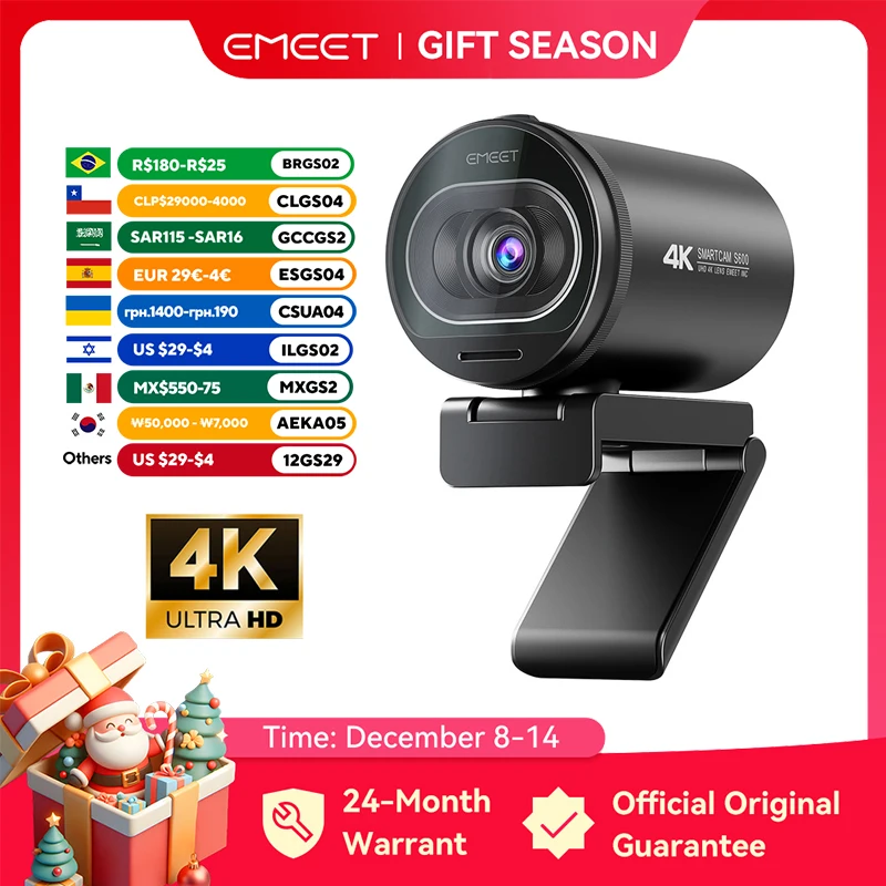 Webcam 4K Streaming Webkamera 1080P 60FPS USB Kamera EMEET S600 Autofokus Living Stream Kamera mit Mikrofonen für Tiktok/YouTube