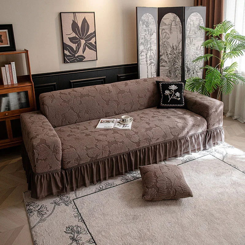 Jacquard Velvet Skirt Sofa Cover French Solid Color All-Inclusive Elastic Couch Covers Anti-Scratch Sofa Seat Cushion for Autumn