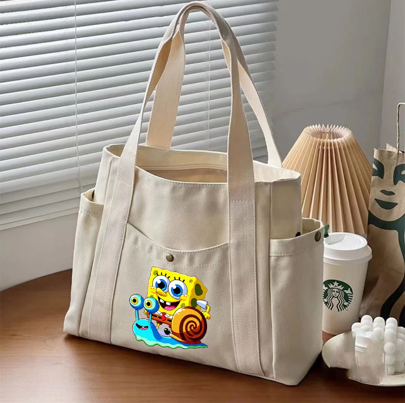 

Cute SpongeBobs Tote Bag Cartoon Print Women's Bags Canvas Handbag Anime Storage Square Pack High-capacity Popular Package Gifts