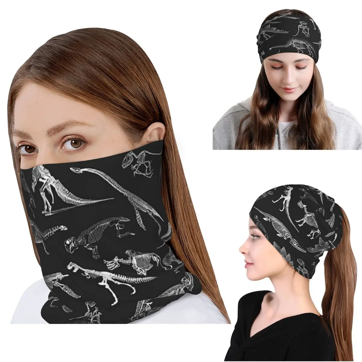 

Classic Black And White Dinosaur Skeleton Fossils Bandana Neck Cover Magic Scarf Balaclava Beanies Hat for Men Women All Season