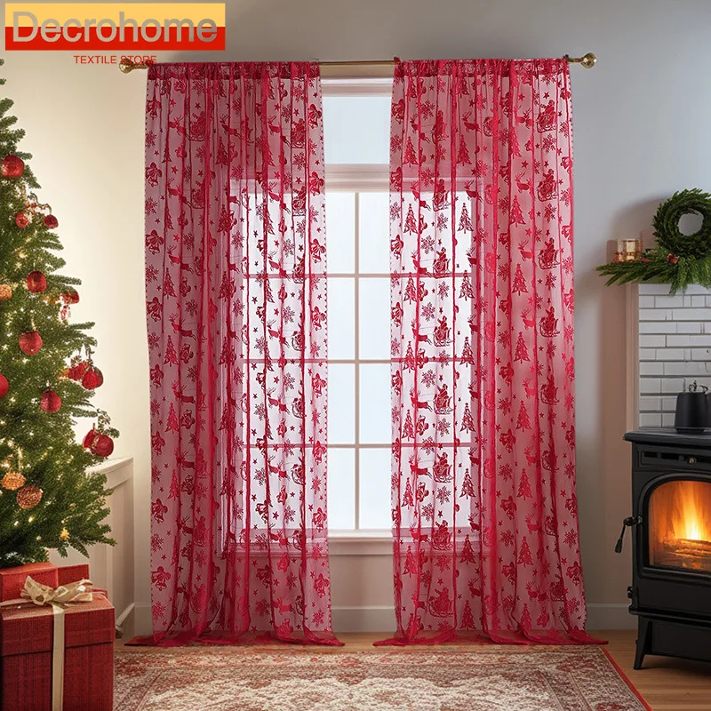 

Red Christmas Lace Tulle Curtains for Living Room Bedroom Dining Romantic Decoration Festive Atmosphere Luxury Drapes Classic