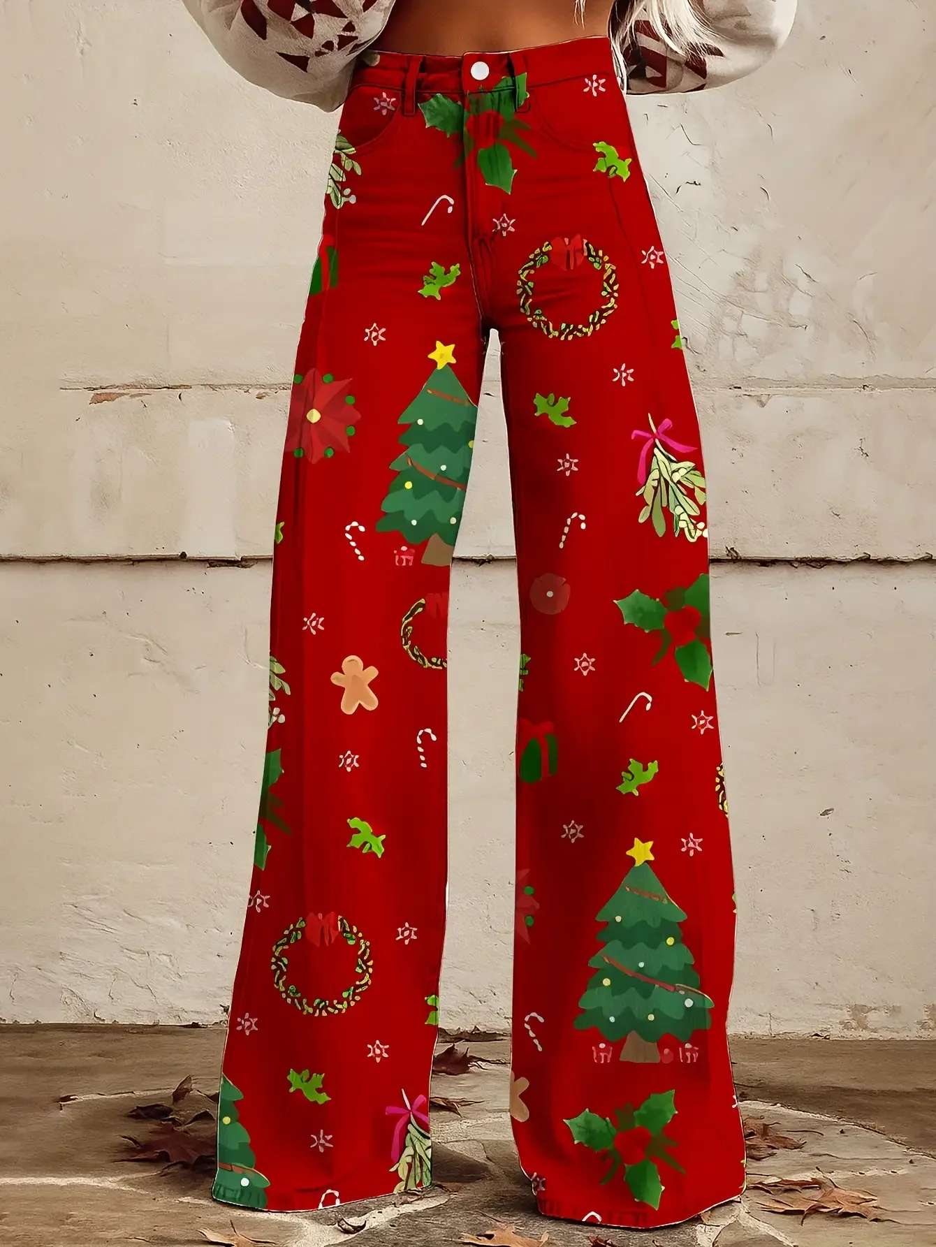 2026Ladies' imitation denim pants with Christmas snowflake pattern autumn and blue background Santa Claus snowflake pattern