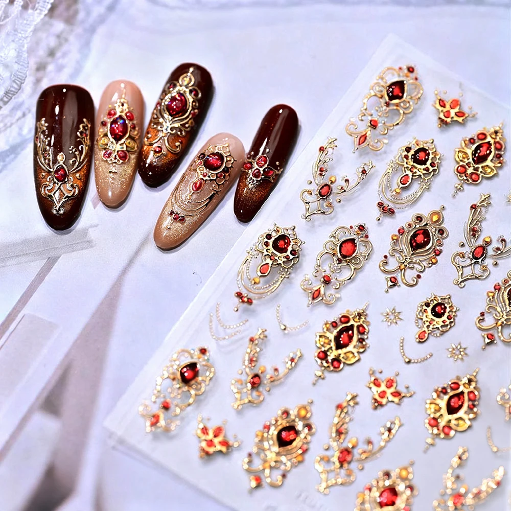 5D バロック様式の笏型レッドジェムストーンネイルステッカー、豪華なゴールドエレガントネックレスフレームデカール、自己粘着ネイルデコレーションステッカー