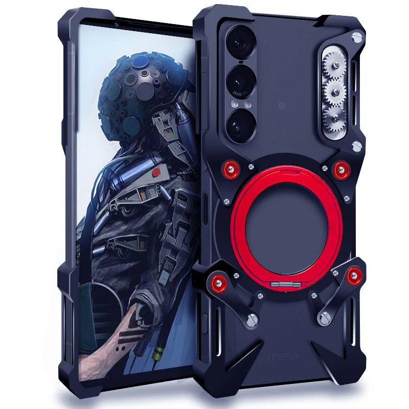 

Luxury Hollow Metal Case For Sony Xperia 1 VII Cover For Xperia 1 VI Aluminum Bumper Built-in 360° Bracket With Protector