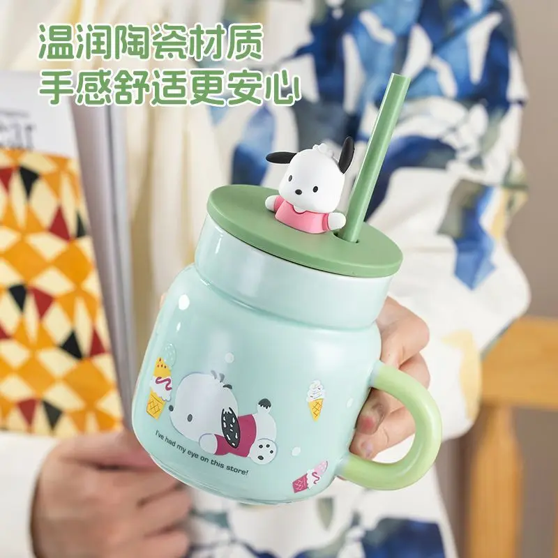 Kawaii سانريو POCHACCO كوب سيراميك مكتب كوب ماء مع القش لطيف شرب كوب مع غطاء أنيمي الكرتون فتاة هدية عيد ميلاد اللعب