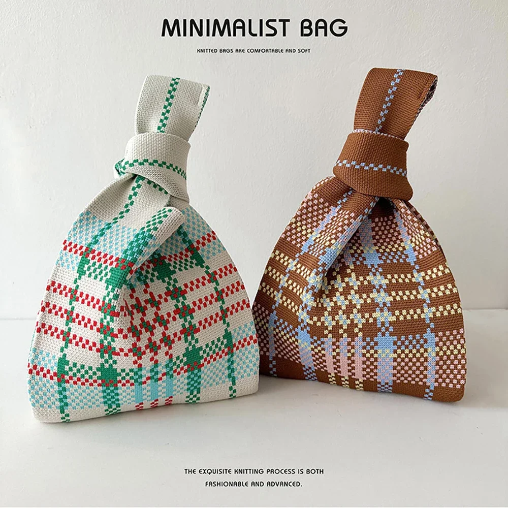 Handmade Knit Handbag Women Mini Knot Wrist-bag Female Casual Color Wide Stripe Plaid Tote Bag Student Reusable Shopping Bag