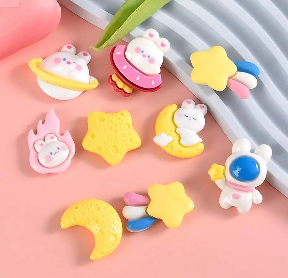 100pcs New Kawaii Cartoon Rabbit Astronaut Stars Moon Flatback Resin Cabochons Crafts DIY Phone Decoration Hair Accessories