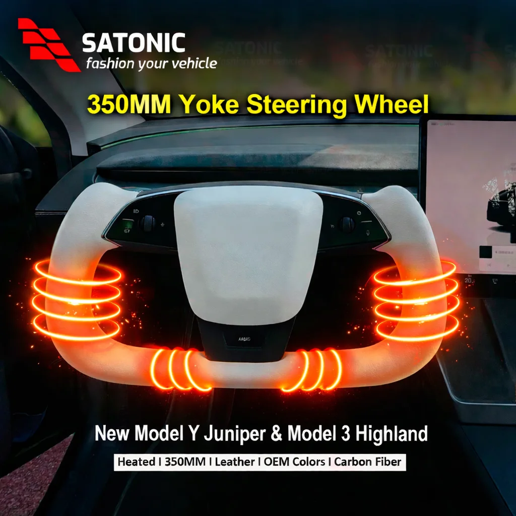 SATONIC 350mm 요크 스티어링 휠 히팅 핸들 테슬라 2026 모델 3 맞춤형 가죽 색상 썸네일 2