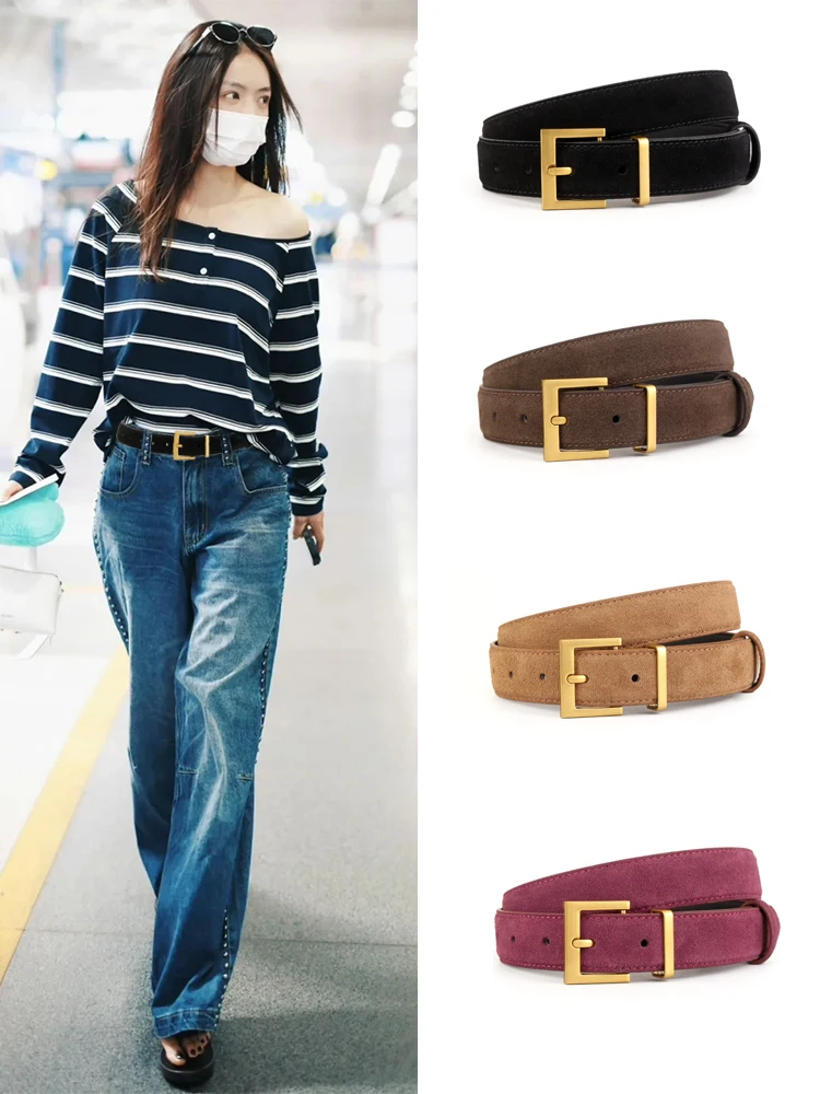 ニュートラルレザーベルト-レディース-リバースフロッキング-牛革-カジュアル-ウエストベルト-通勤-多用途-レジャー-バックル-装飾-ジーンズにマッチ