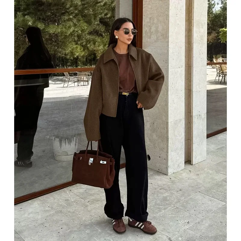 Autumn and winter fashion lapel long-sleeved zipper woolen coat 2024 European and American loose casual jacket