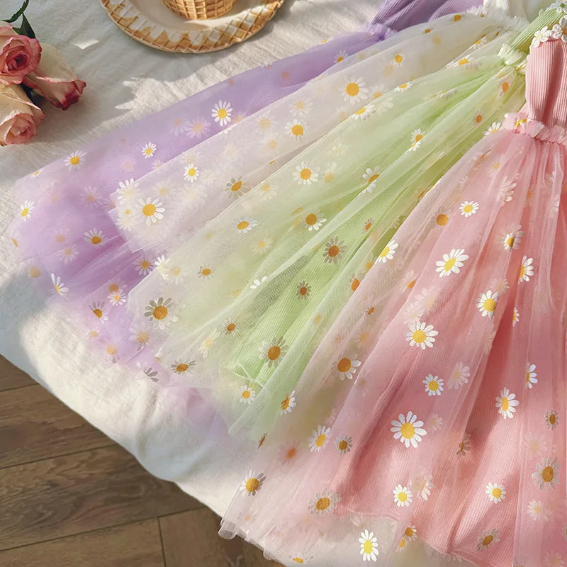 Super Cute Daisy Flower Mesh Girls Dress 2024 Summer New Fairy Suspenders Puffy Princess Dress Kid Baby Birthday Party Dress