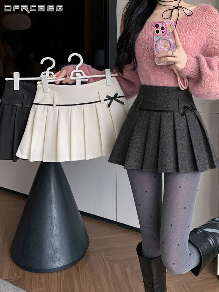 

American Vintage Spicy Bow Woolen Pleated Skirt Woman College Style Sweet Warm Winter Short Skirts Female