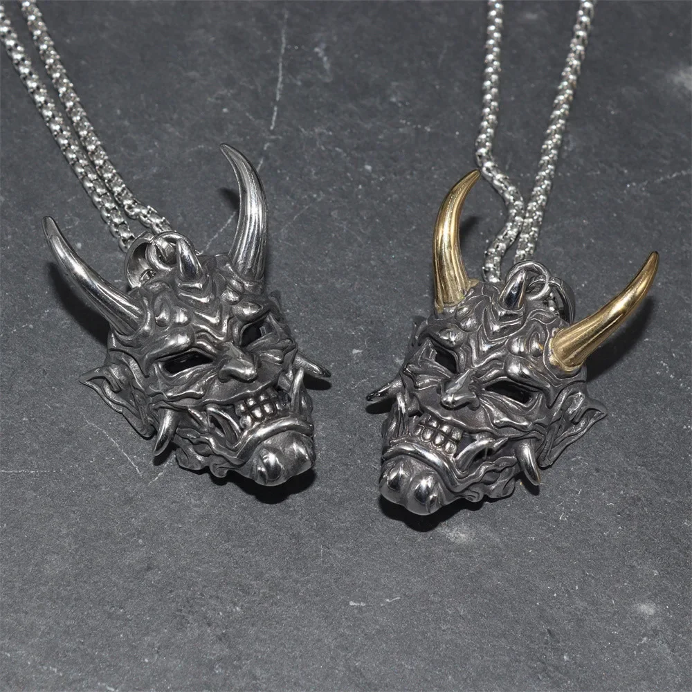 Men's Stainless Steel Rhino Necklace Fangs Demon Mask Pendant Retro Gothic Punk Style Monster Skull Jewelry Gift