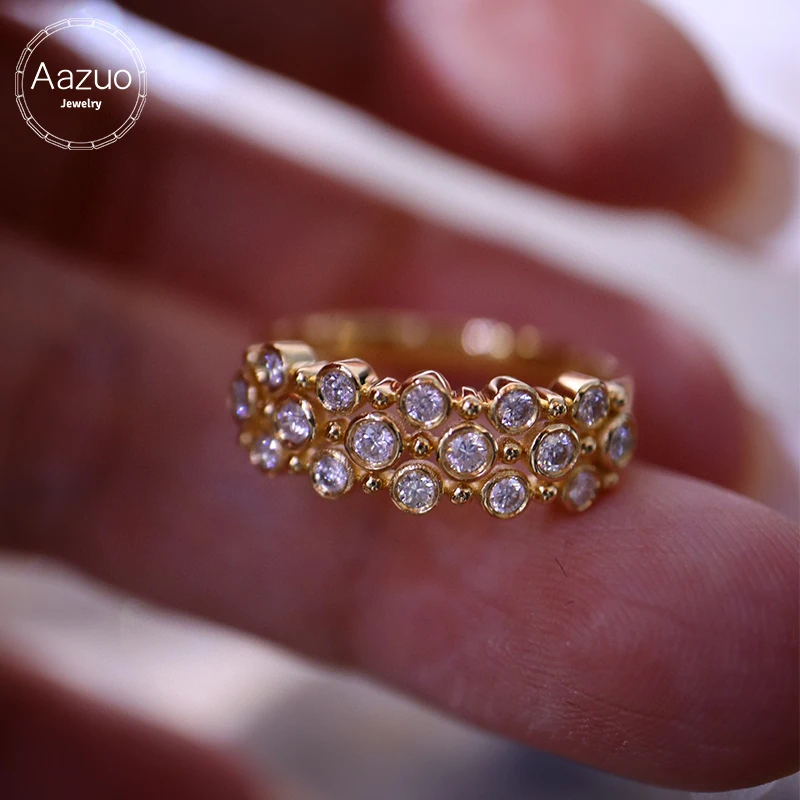 

Aazuo 18K Yellow Gold Natrual Diamonds Round Shape Fahion Lines Ring Gift For Women Luxury Engagement Halo anillos mujer Party