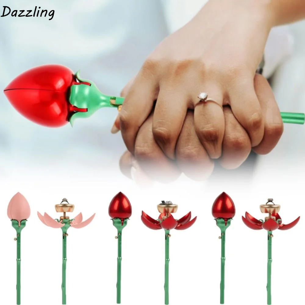 Dustproof Rose Ring Box Waterproof Elegant Flower Ring Box Red Pink Multi-functional Auto Blooming Ring Box Jewelry Packaging