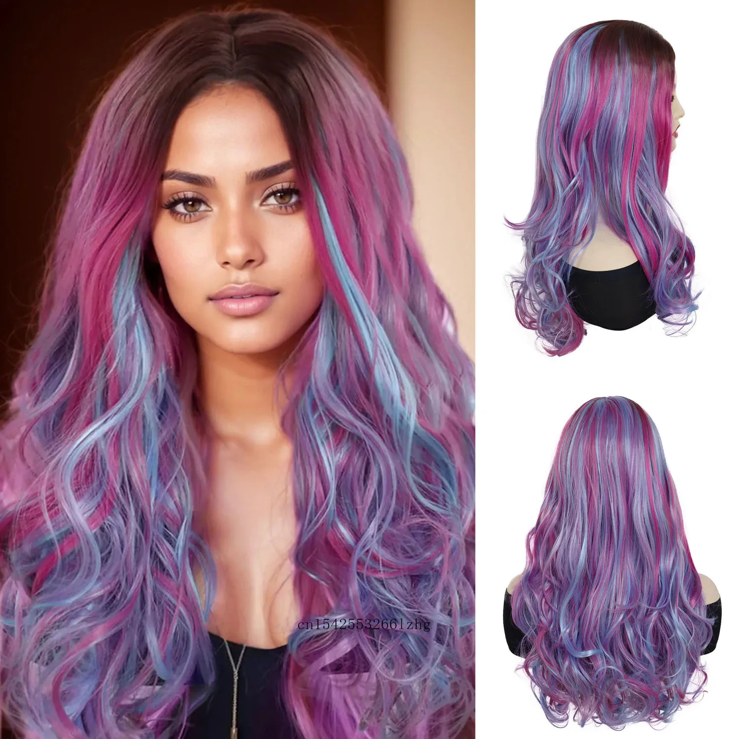 

Synthetic Long Wavy Pink Mixed Blue Wigs for Women Girl Halloween Costume Party Wig with Dark Roots Colorful Audrey Wig Cosplay