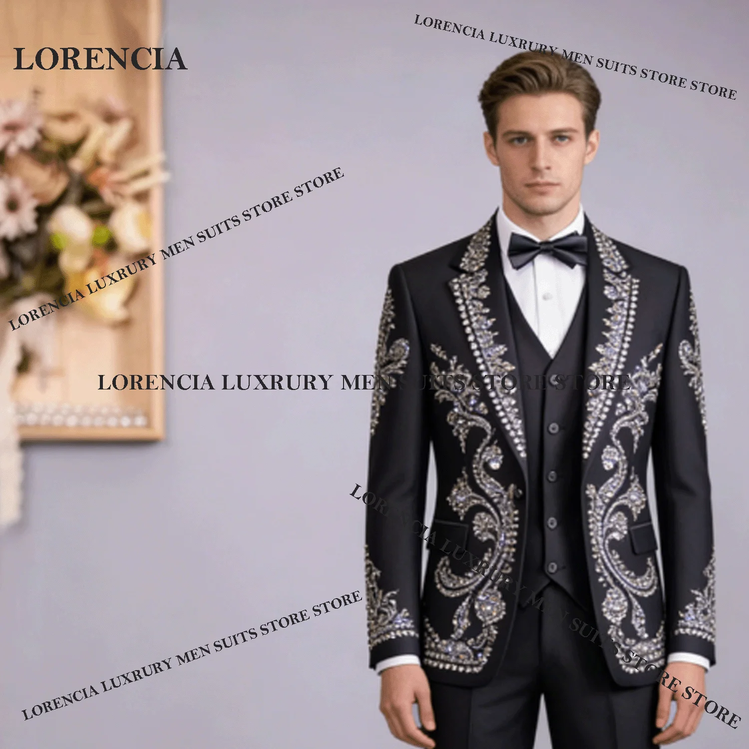 

Elegant Diamond Men Suit Handsome Crystal Paillettes Wedding Tuxedos Slim Ropa hombre 3 Pieces Sets Groom Male Blazer Customized