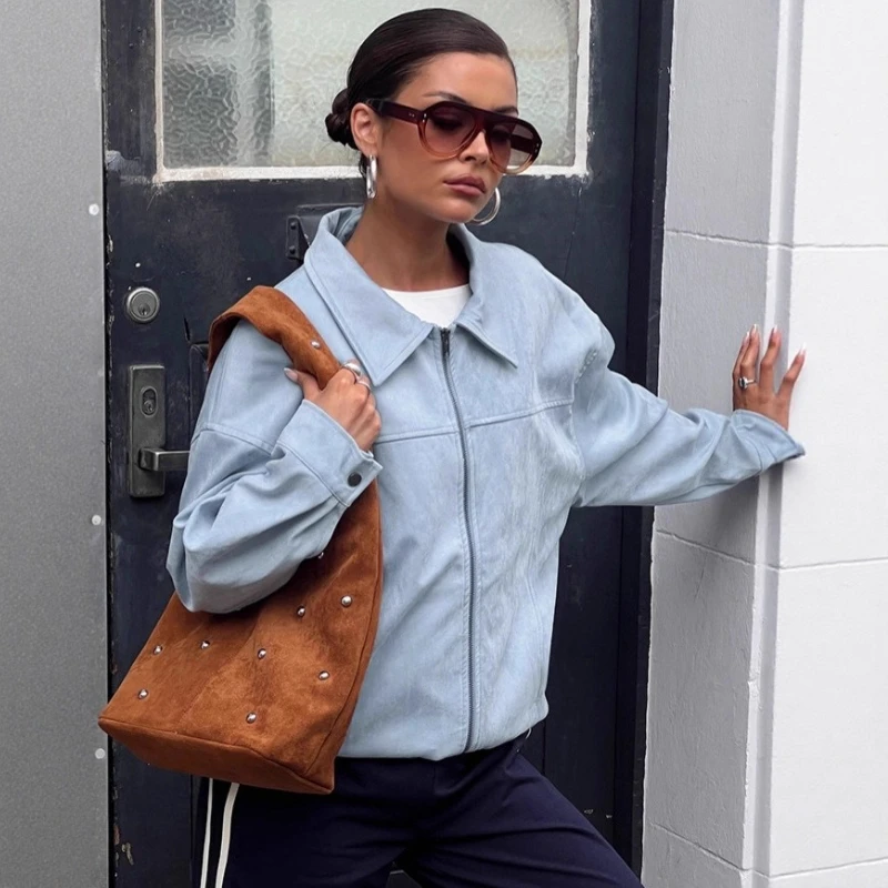 

TARUXY Stylish Loose Lapel Jacket Women's Leisure Solid Suede Jacket Long Sleeves Splicing Zipper Coat Autumn Outerwear Female