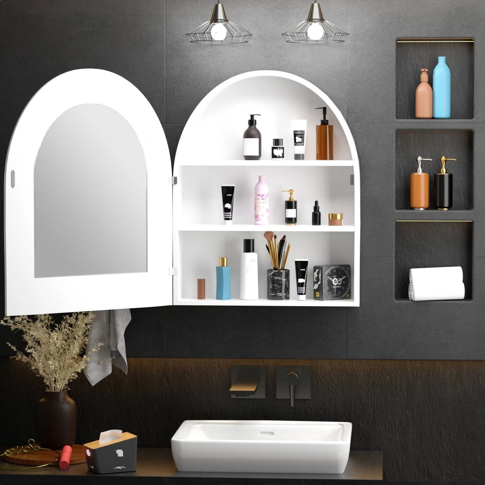 French Arched Bathroom Mirror Cabinet Solid Wood Frame Wall Mounted Makeup Mirrors Bathroom Smart Mirror Oval Bathroom Makeup