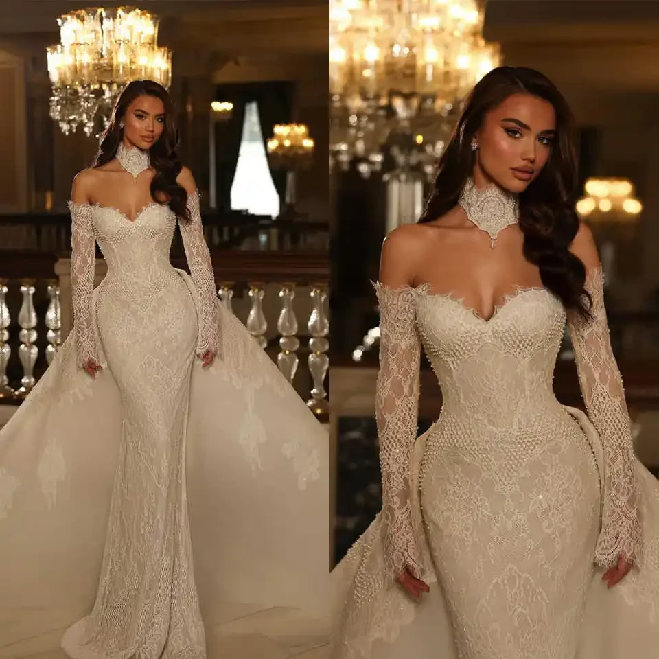 

Customized Luxury Modern Mermaid Gown Wedding Dresses Long Sleeve Evening Dresses Special Occasion Gown Vestido De Noiva