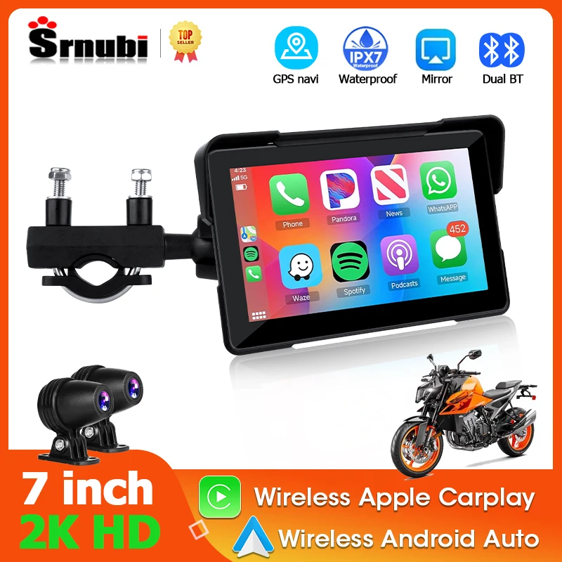 Srnubi 7 inch 2K HD Motorcycle DVR Navigation GPS Wireless CarPlay Android Auto Screen for motorcycle Portable Moto Monitor