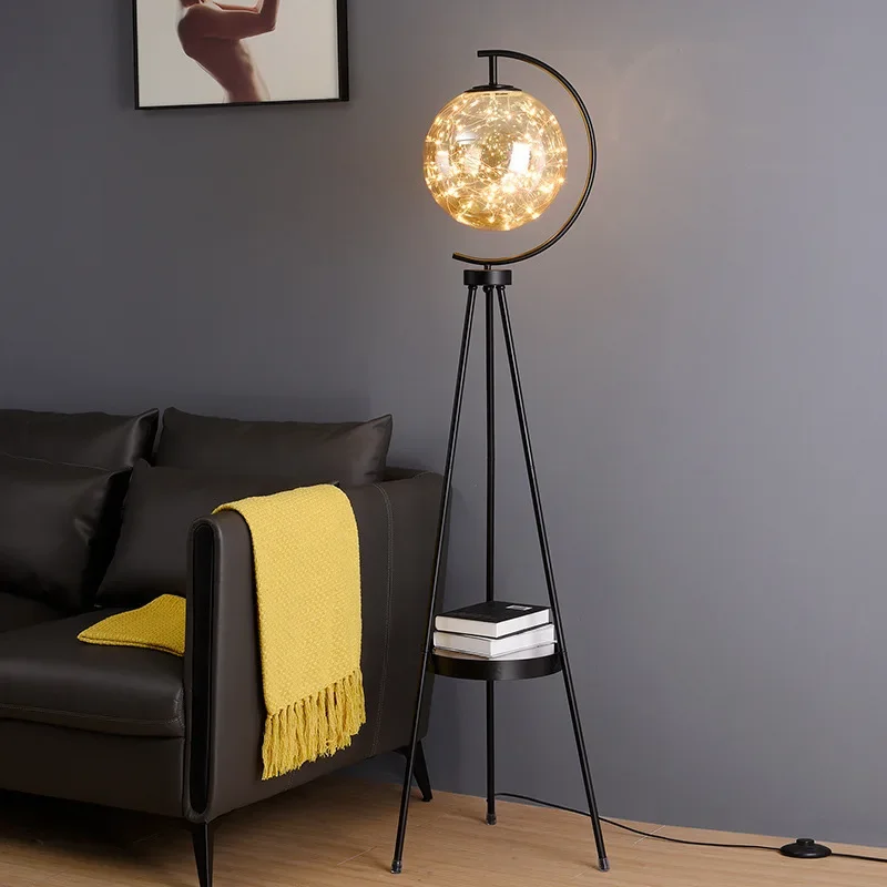 Nordic Luxury Light Glass Ball Floor Lamp Living Room Bedroom Bedside Creative Glass Ball Tripod Storage Vertical Table Lamp