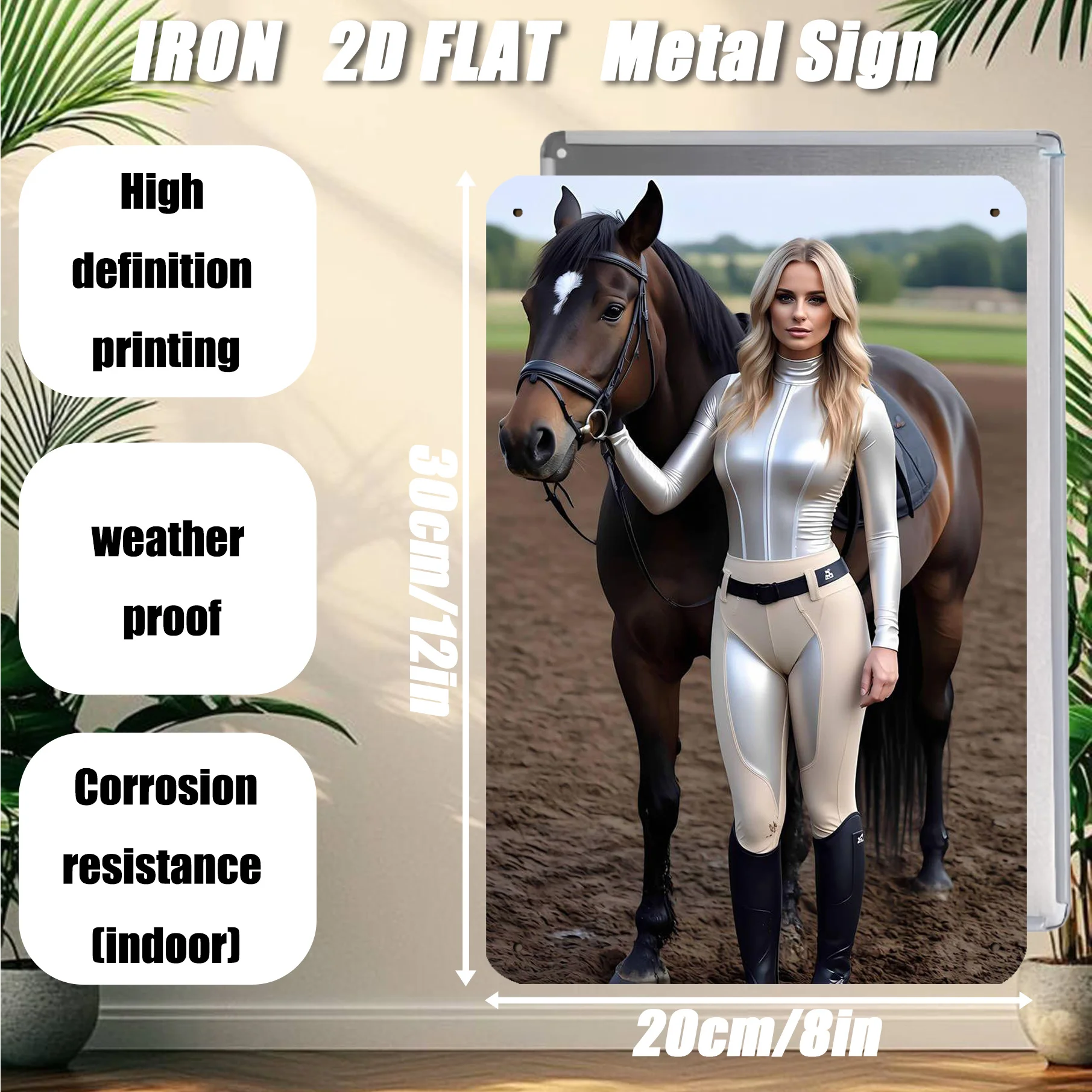 High Definition Tin Painting Blonde Equestrian in Silver Riding Outfit with Brown Horse Metal Sign Wall Art Decor