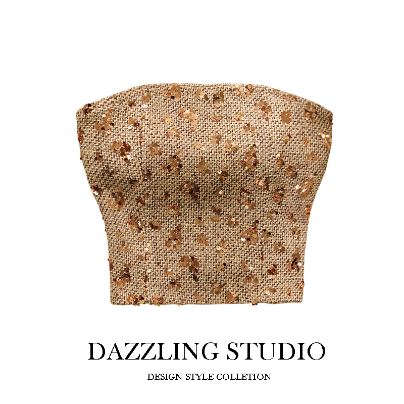 

iny Sequin Strapl Crop Top Women's Summer Outfit Thai Sle Ele Vest Sexy Girl Commute Sle Slim Fit ort Length Z...